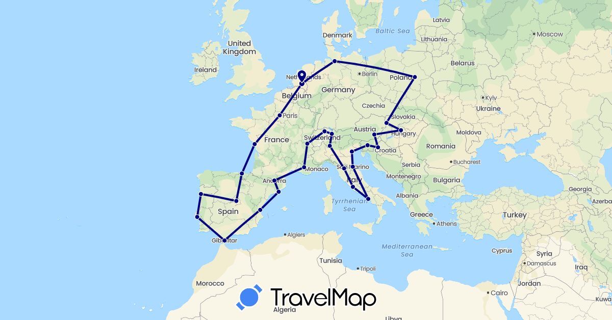 TravelMap itinerary: driving in Andorra, Austria, Switzerland, Germany, Spain, France, Gibraltar, Croatia, Hungary, Italy, Liechtenstein, Netherlands, Poland, Portugal, Slovenia, Slovakia, San Marino (Europe)